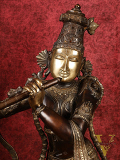 Superfine Handcrafted Krishna Sculpture | 45 Inch Tall | Premium Brown Gold Finish | 44 KG
