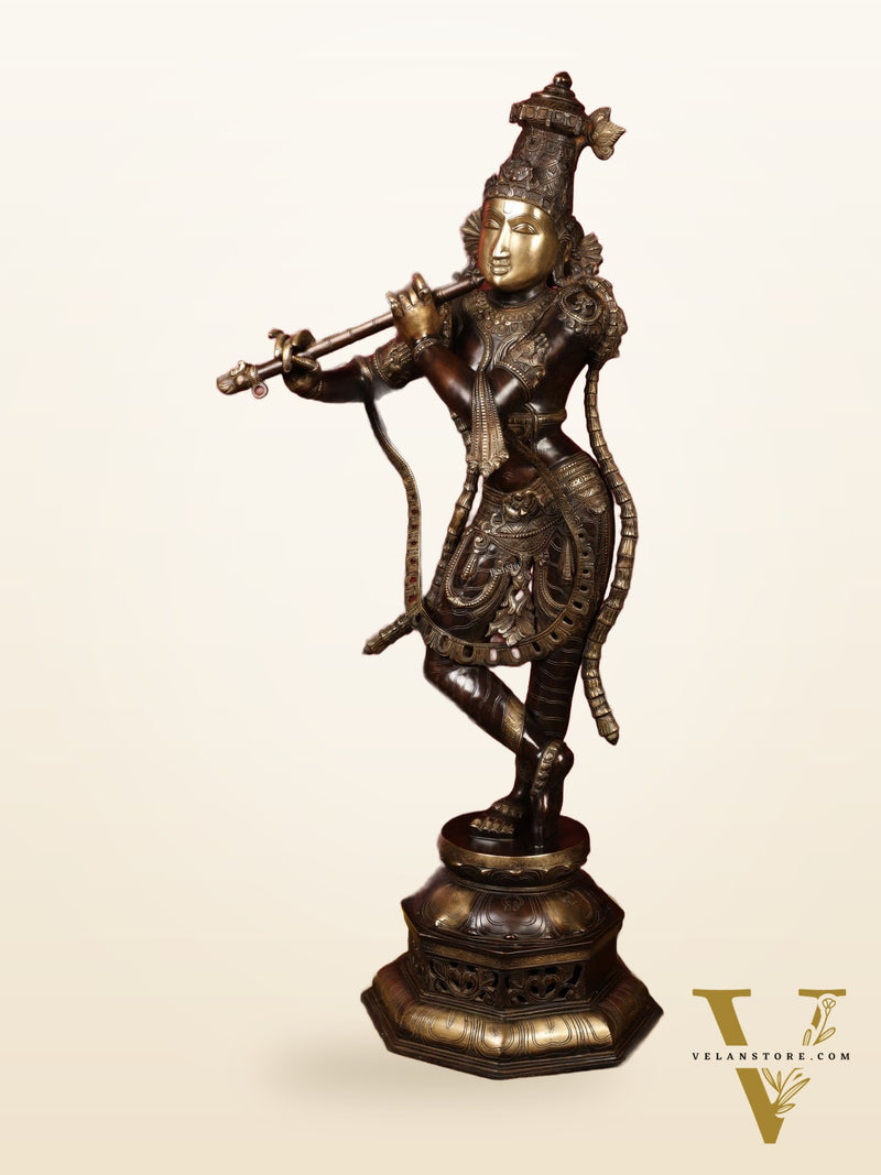 Superfine Handcrafted Krishna Sculpture | 45 Inch Tall | Premium Brown Gold Finish | 44 KG