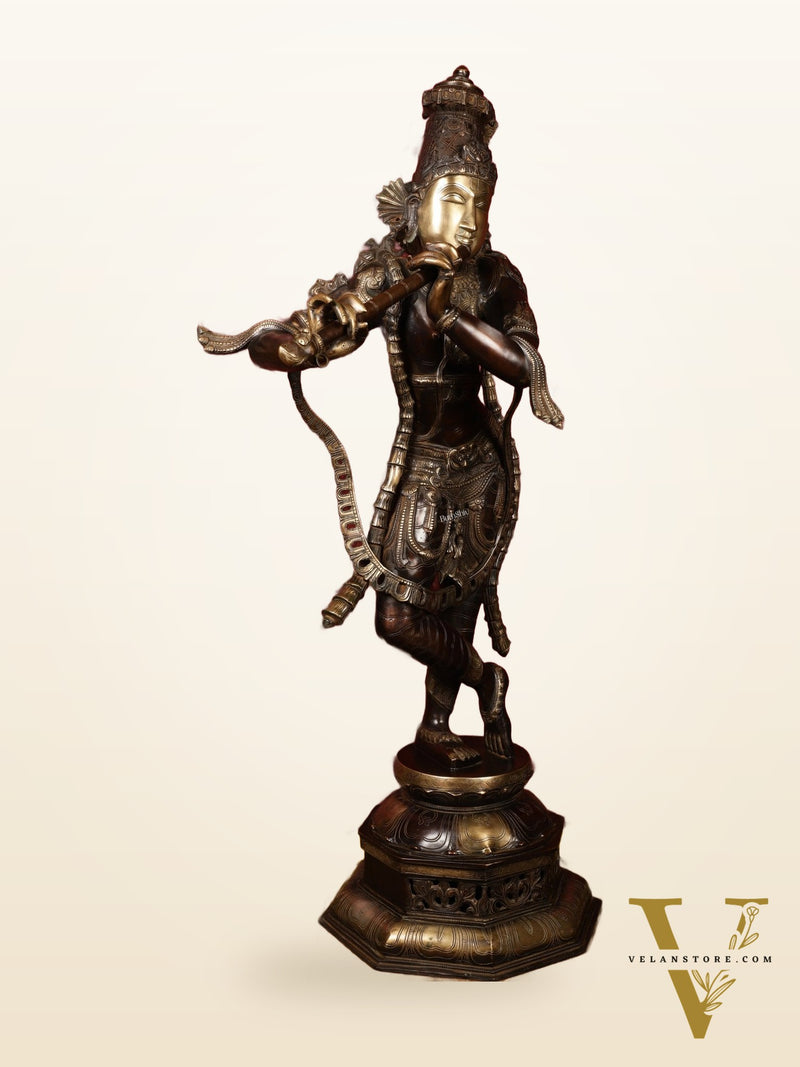 Superfine Handcrafted Krishna Sculpture | 45 Inch Tall | Premium Brown Gold Finish | 44 KG