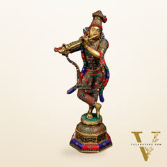 Superfine Handcrafted Krishna Sculpture | Premium Quality Brass | Multi Layered Stonework 45"