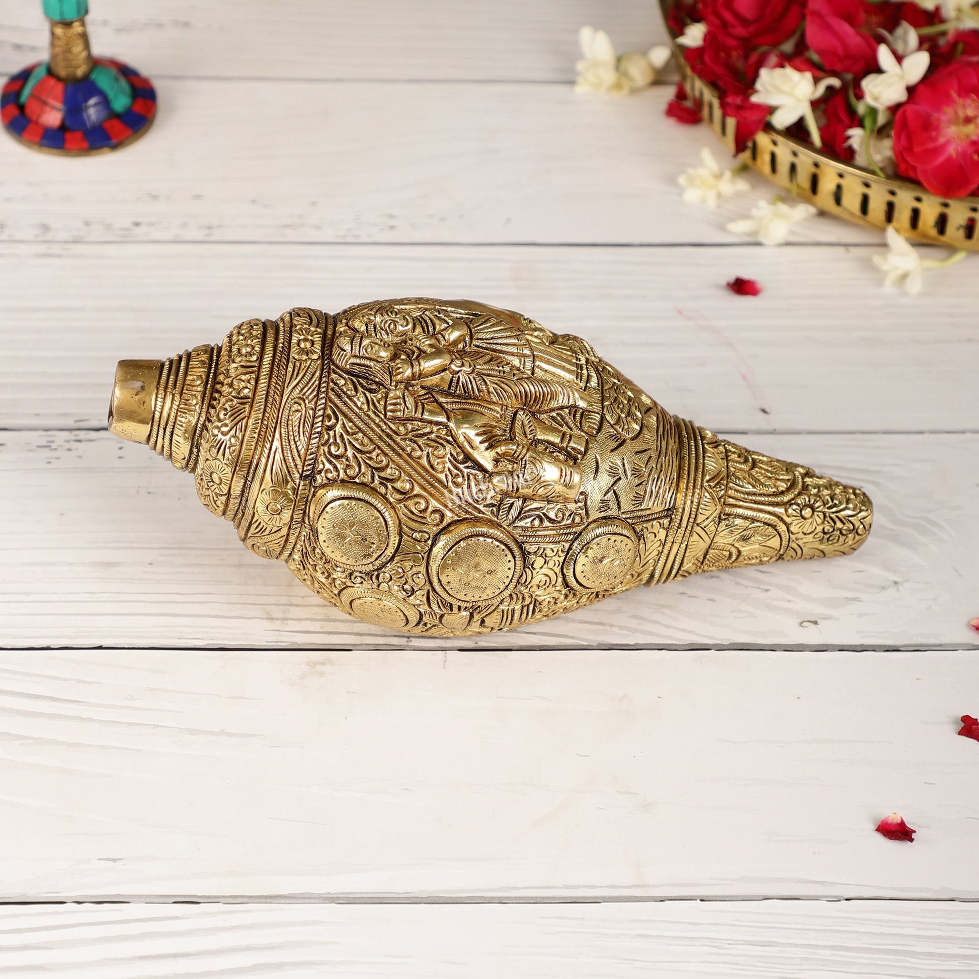 Superfine Handcrafted Shankh with Radha Krishna Carvings 9 inch