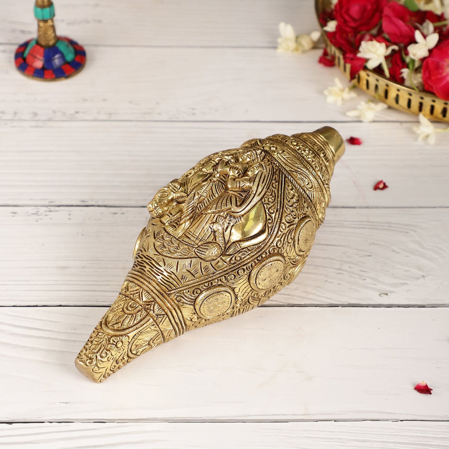 Superfine Handcrafted Shankh with Radha Krishna Carvings 9 inch