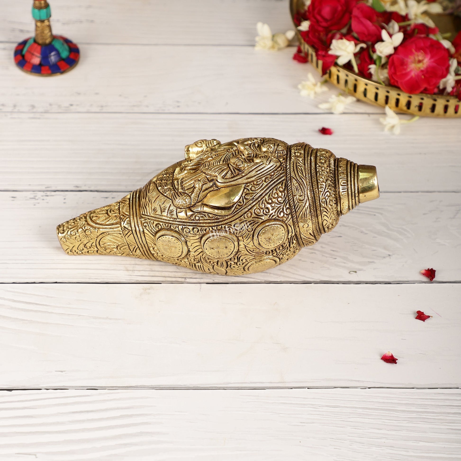 Superfine Handcrafted Shankh with Radha Krishna Carvings 9 inch