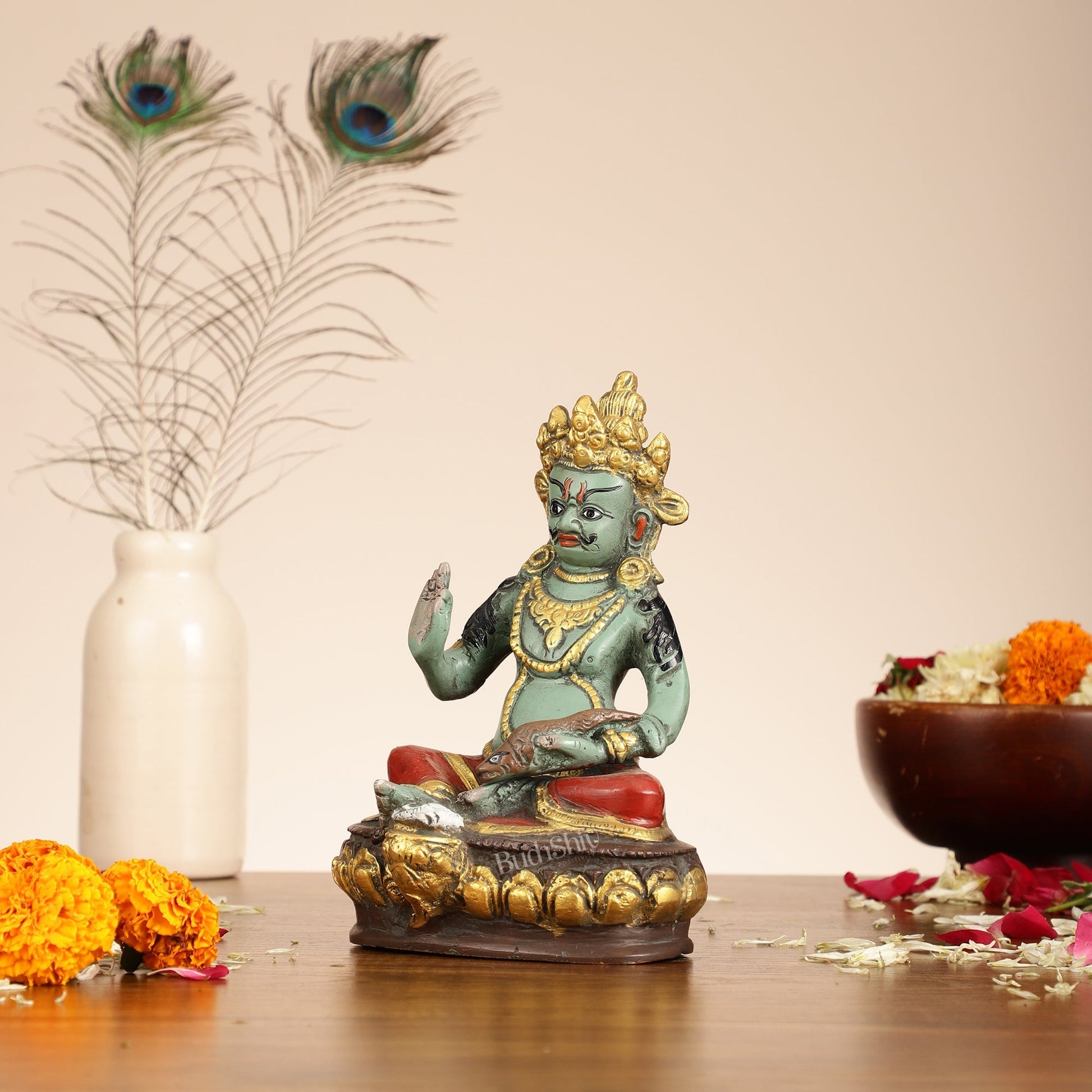 Superfine Handpainted Brass Lord Kubera Idol | 8"