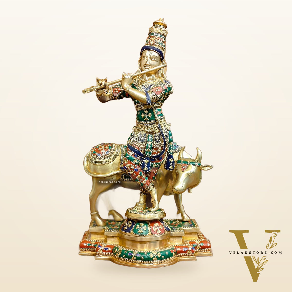 Superfine Krishna With Cow - Handcrafted in Fine Brass - Meenakari Stonework - 25.5 inches