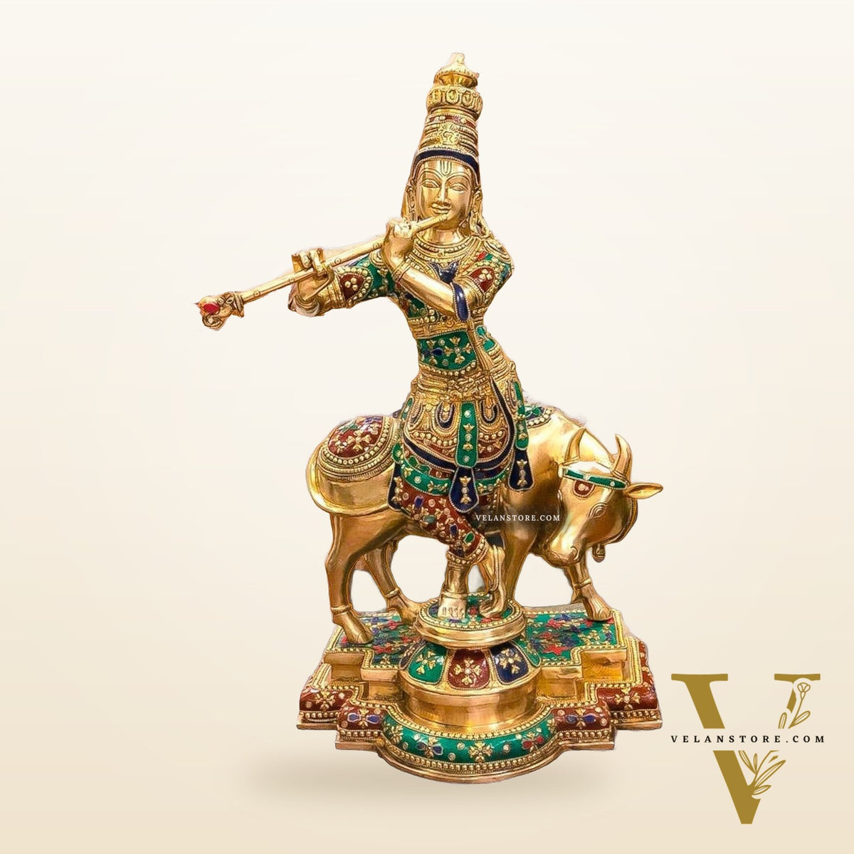 Superfine Krishna With Cow - Handcrafted in Fine Brass - Meenakari Stonework - 25.5 inches