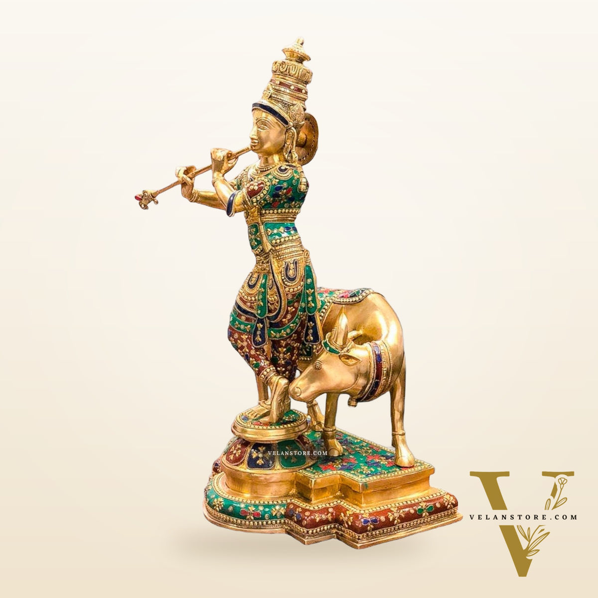 Superfine Krishna With Cow - Handcrafted in Fine Brass - Meenakari Stonework - 25.5 inches