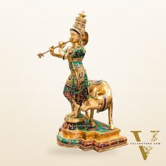 Superfine Krishna With Cow - Handcrafted in Fine Brass - Meenakari Stonework - 25.5 inches