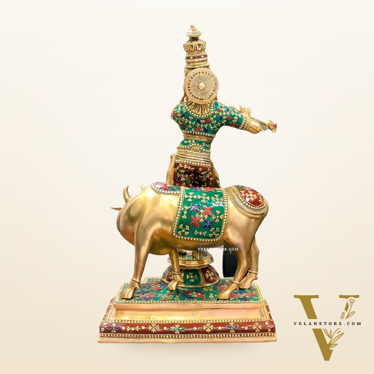 Superfine Krishna With Cow - Handcrafted in Fine Brass - Meenakari Stonework - 25.5 inches