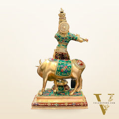 Superfine Krishna With Cow - Handcrafted in Fine Brass - Meenakari Stonework - 25.5 inches