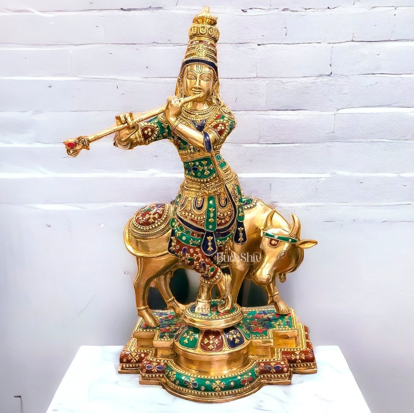 Superfine Krishna With Cow - Handcrafted in Fine Brass - Meenakari Stonework - 25.5 inches