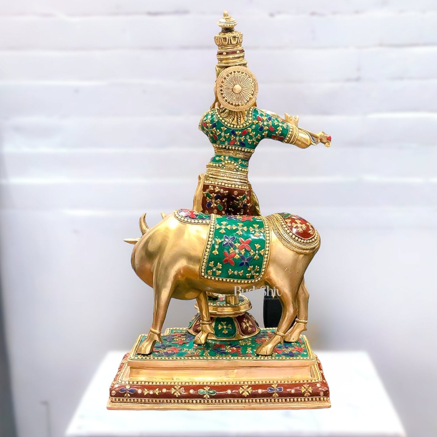 Superfine Krishna With Cow - Handcrafted in Fine Brass - Meenakari Stonework - 25.5 inches