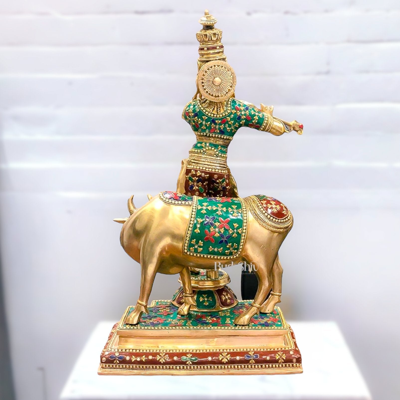 Superfine Krishna With Cow - Handcrafted in Fine Brass - Meenakari Stonework - 25.5 inches