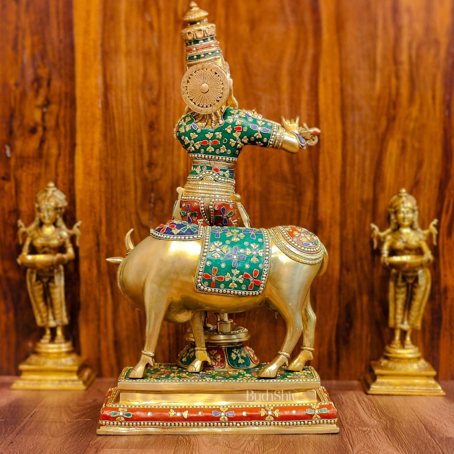 Superfine Krishna With Cow - Handcrafted in Fine Brass - Meenakari Stonework - 25.5 inches