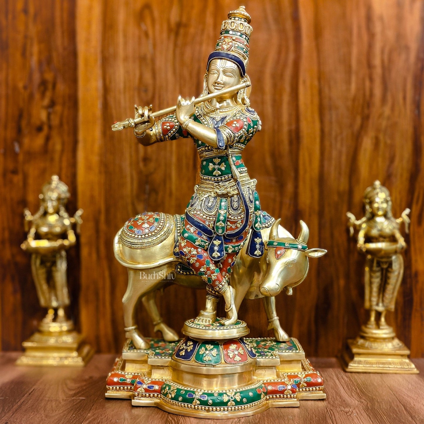 Superfine Krishna With Cow - Handcrafted in Fine Brass - Meenakari Stonework - 25.5 inches
