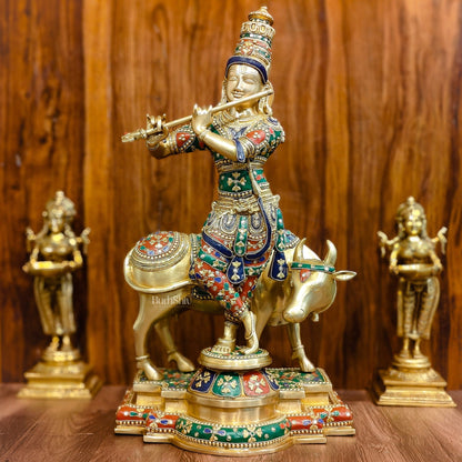 Superfine Krishna With Cow - Handcrafted in Fine Brass - Meenakari Stonework - 25.5 inches