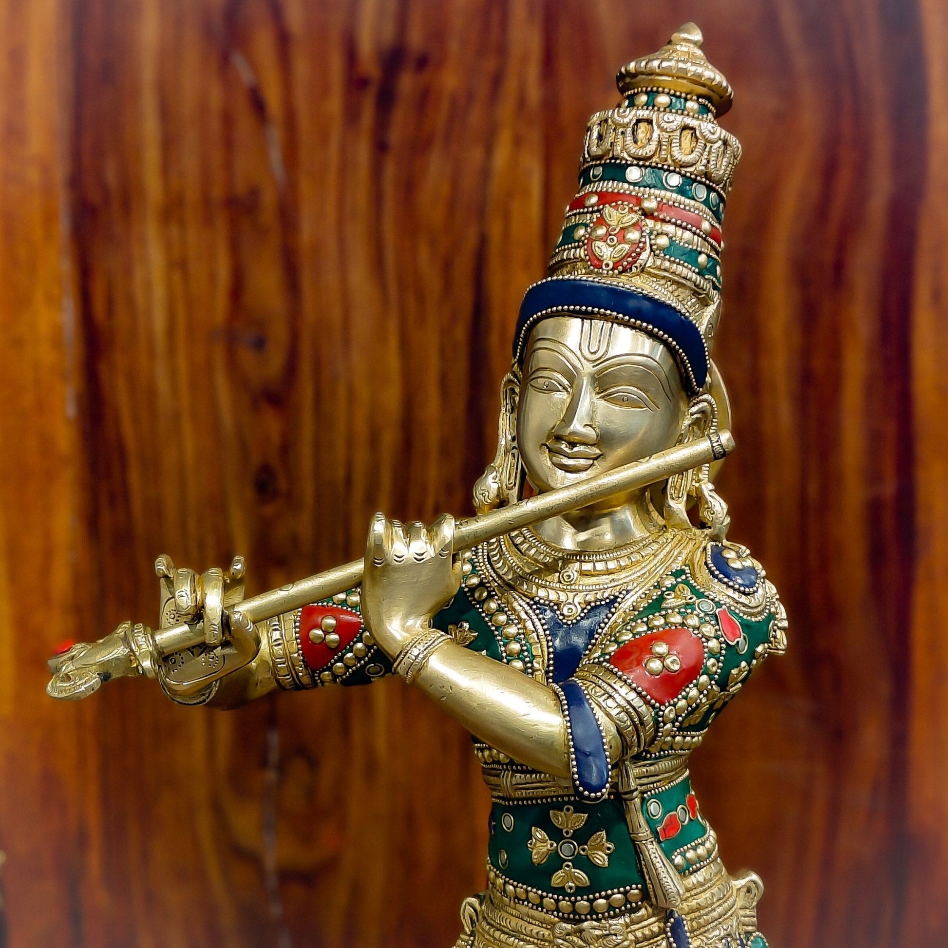 Superfine Krishna With Cow - Handcrafted in Fine Brass - Meenakari Stonework - 25.5 inches