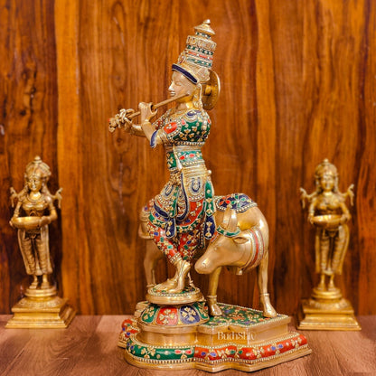 Superfine Krishna With Cow - Handcrafted in Fine Brass - Meenakari Stonework - 25.5 inches