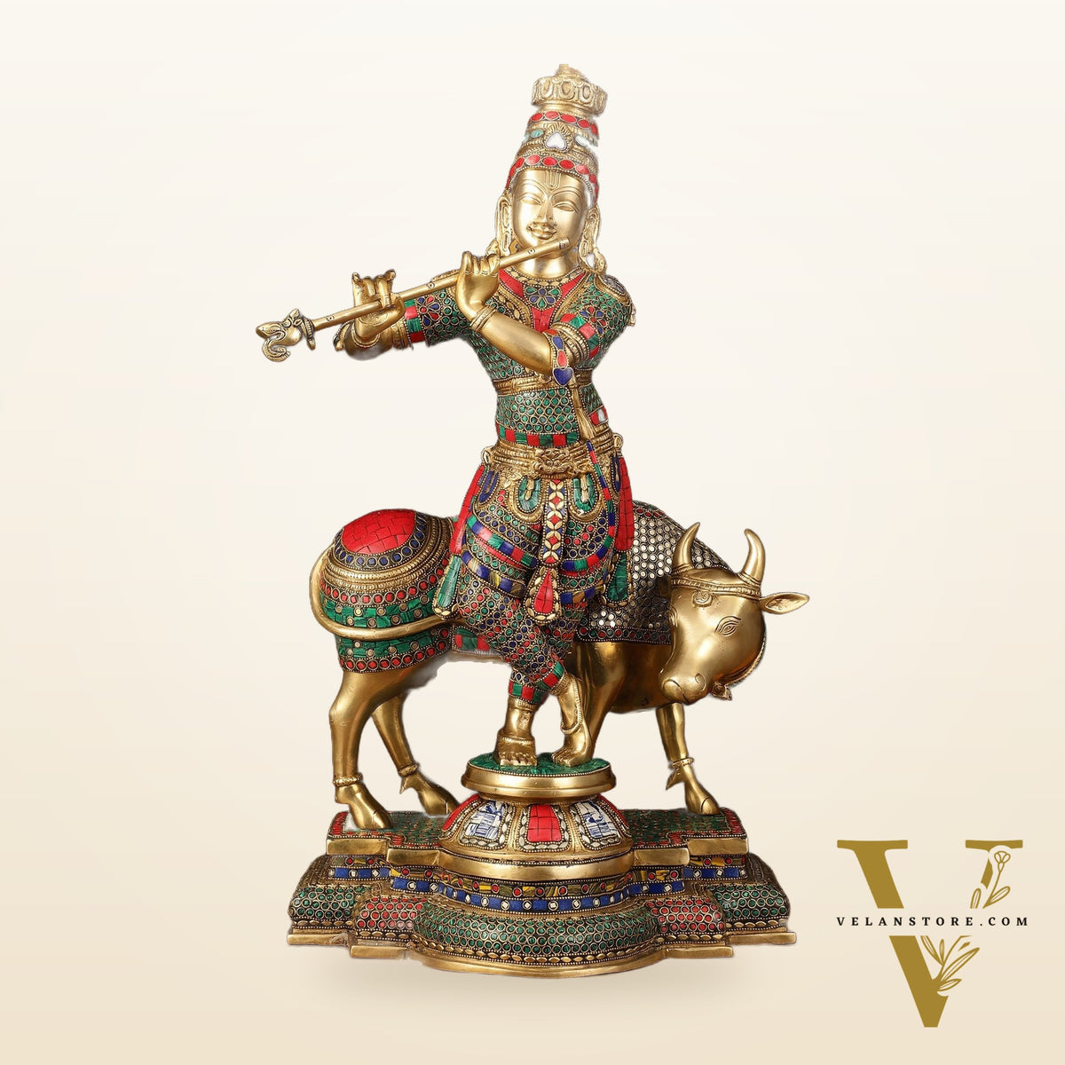 Superfine Krishna with Cow Sculpture - 25.5" Height, Meenakari Stonework