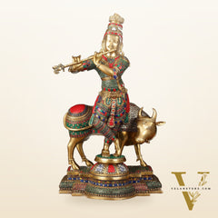 Superfine Krishna with Cow Sculpture - 25.5" Height, Meenakari Stonework