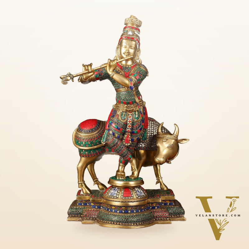 Superfine Krishna with Cow Sculpture - 25.5" Height, Meenakari Stonework