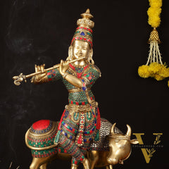 Superfine Krishna with Cow Sculpture - 25.5" Height, Meenakari Stonework