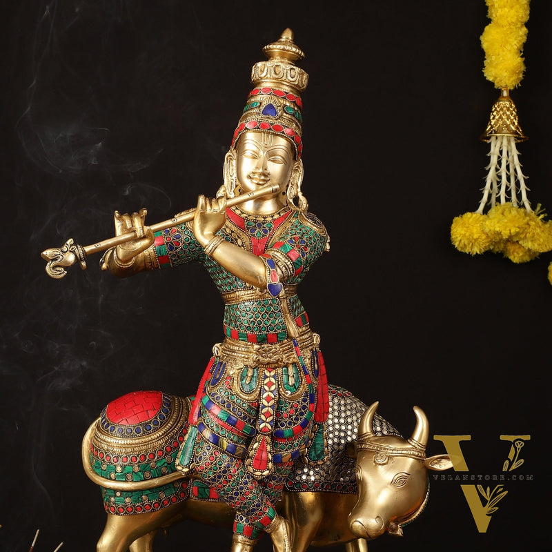 Superfine Krishna with Cow Sculpture - 25.5" Height, Meenakari Stonework