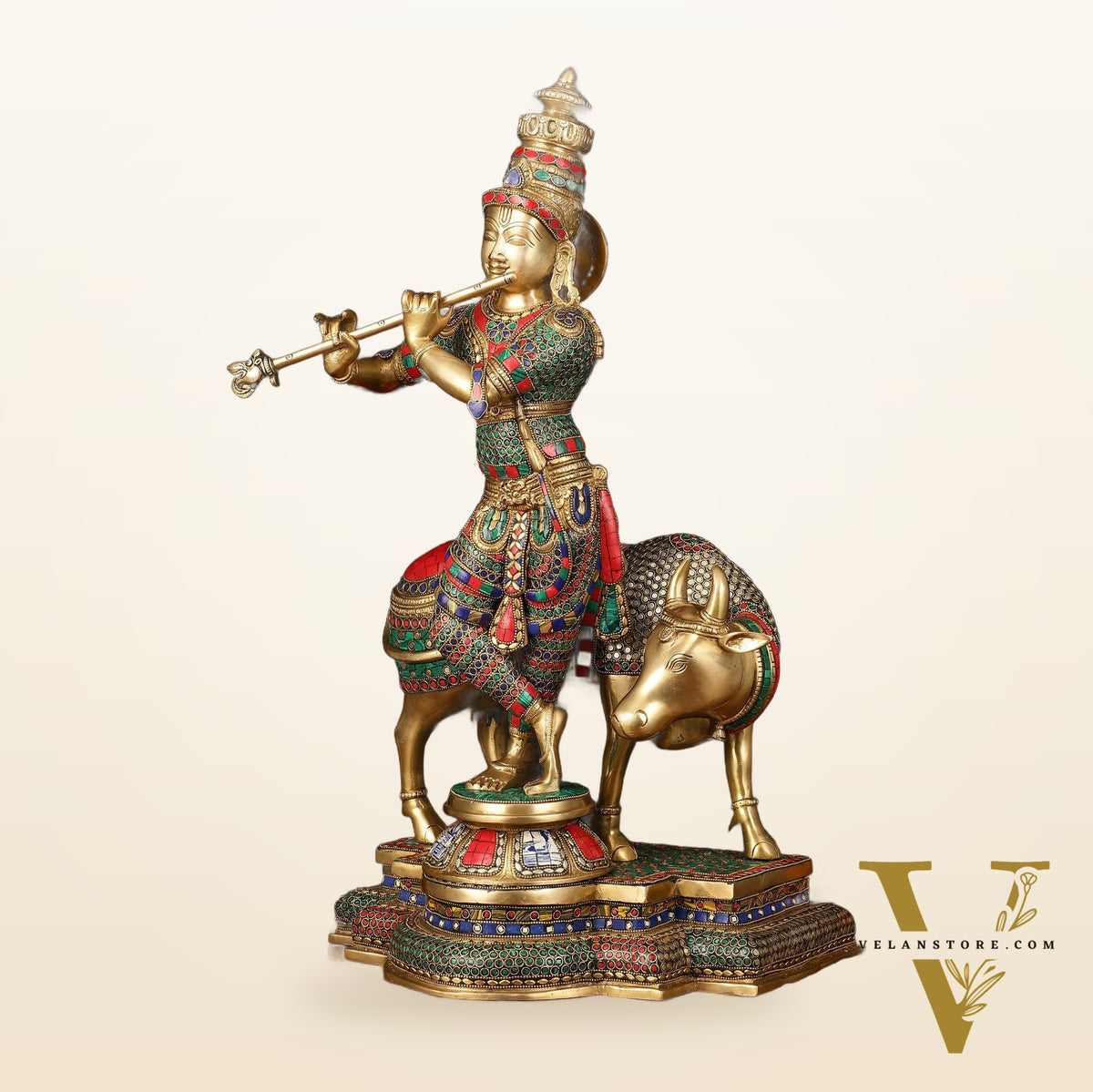 Superfine Krishna with Cow Sculpture - 25.5" Height, Meenakari Stonework
