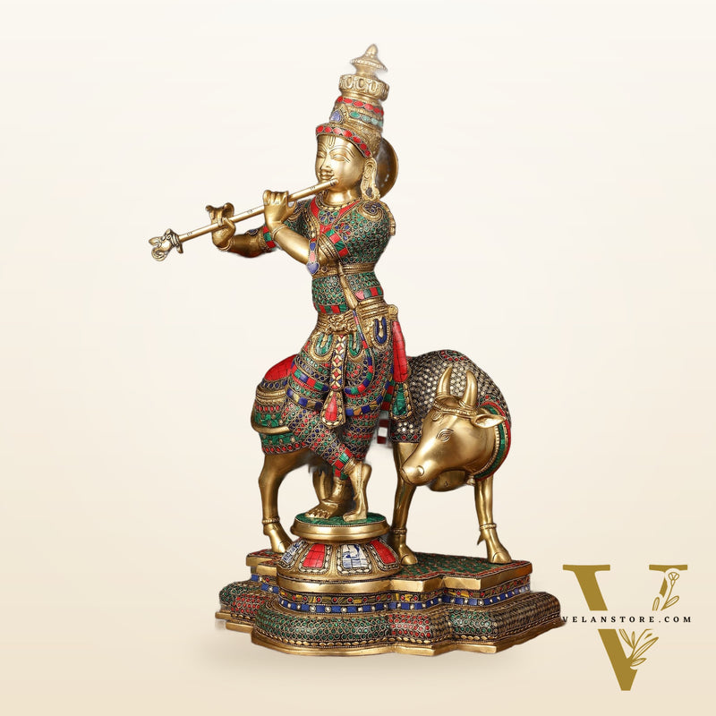 Superfine Krishna with Cow Sculpture - 25.5" Height, Meenakari Stonework