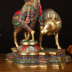 Superfine Krishna with Cow Sculpture - 25.5" Height, Meenakari Stonework