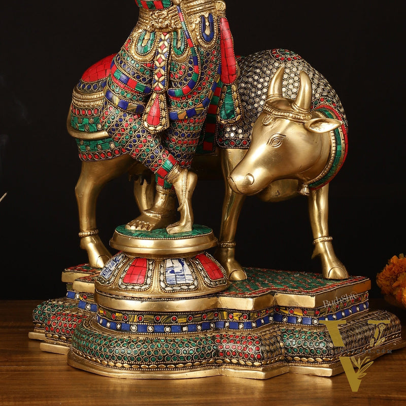 Superfine Krishna with Cow Sculpture - 25.5" Height, Meenakari Stonework