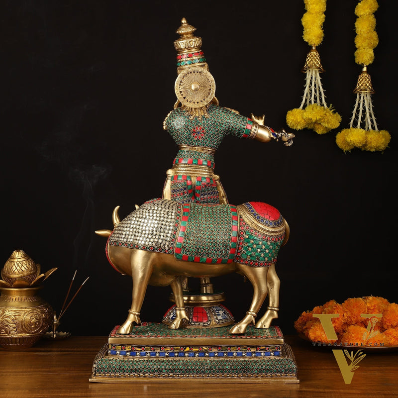 Superfine Krishna with Cow Sculpture - 25.5" Height, Meenakari Stonework