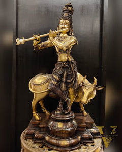 Superfine Krishna with Cow Sculpture - Dual Tone Copper Wash, 25.5" Tall, 26kg