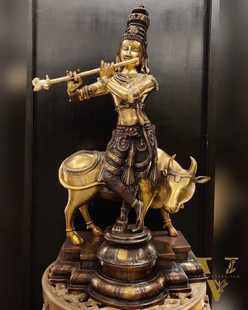 Superfine Krishna with Cow Sculpture - Dual Tone Copper Wash, 25.5" Tall, 26kg