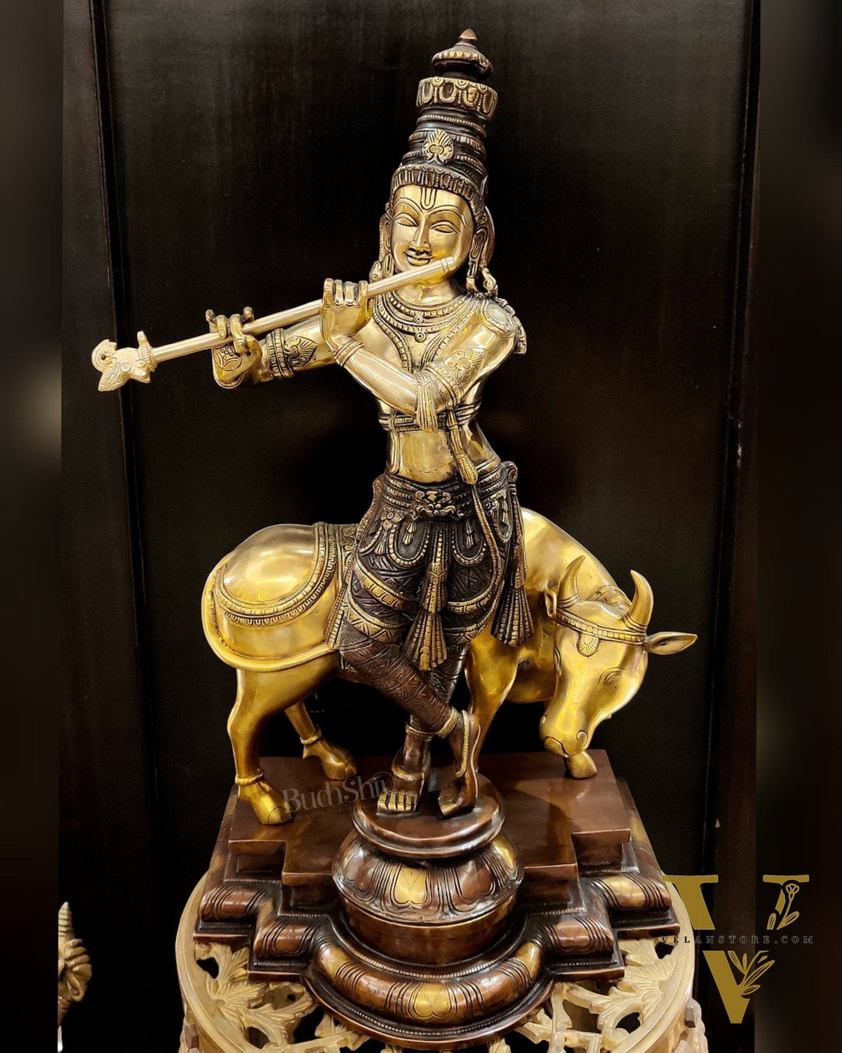Superfine Krishna with Cow Sculpture - Dual Tone Copper Wash, 25.5" Tall, 26kg