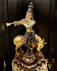 Superfine Krishna with Cow Sculpture - Dual Tone Copper Wash, 25.5" Tall, 26kg