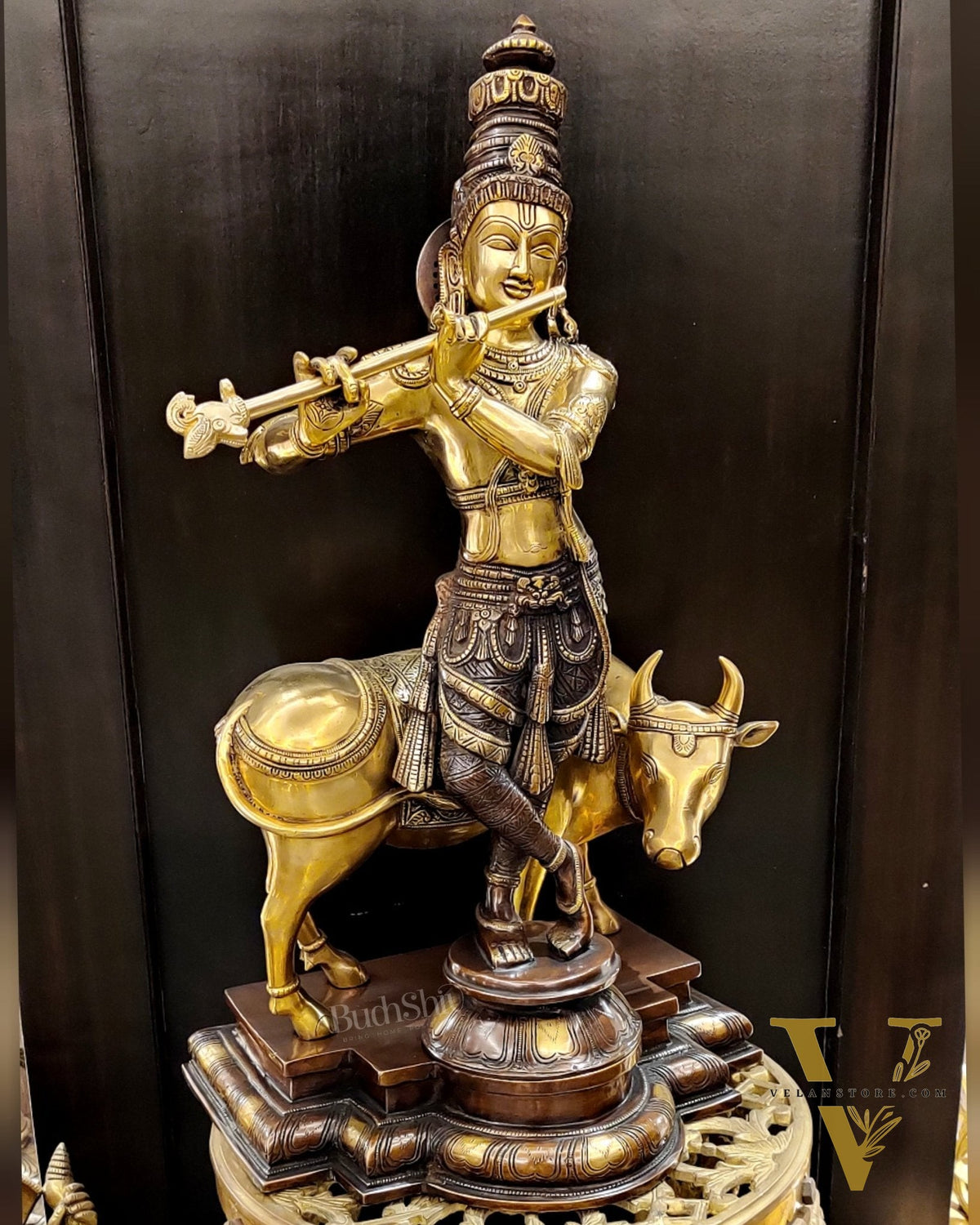 Superfine Krishna with Cow Sculpture - Dual Tone Copper Wash, 25.5" Tall, 26kg