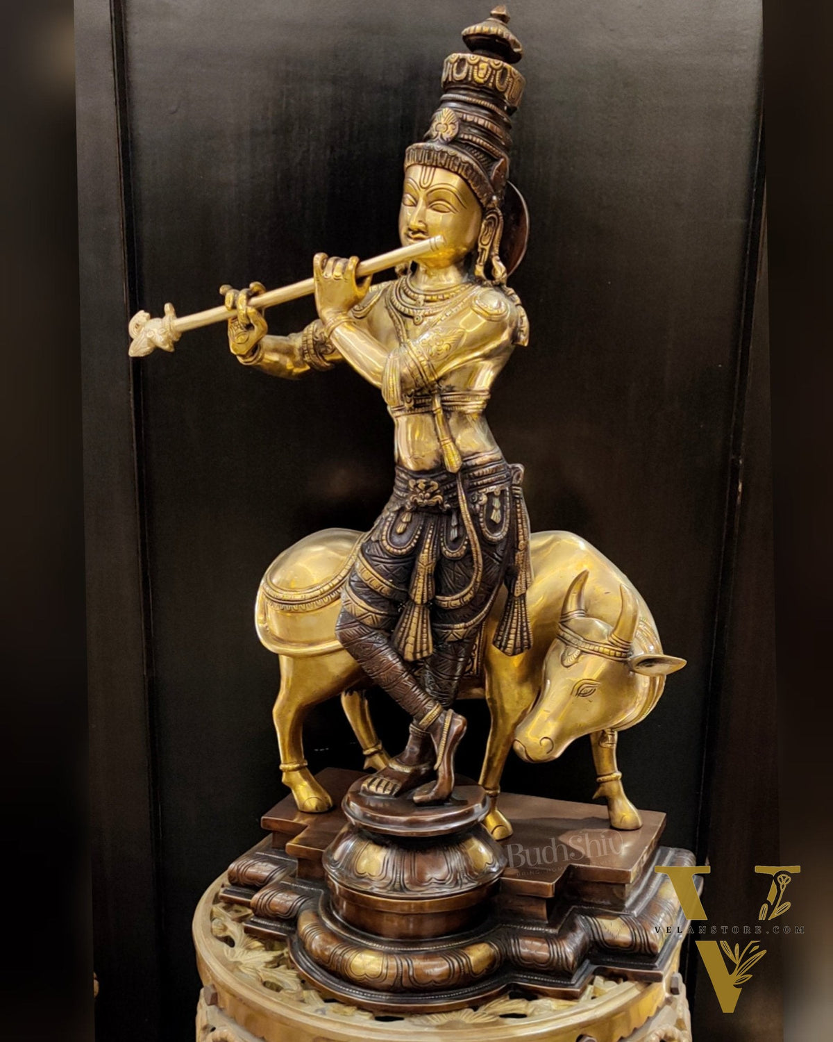 Superfine Krishna with Cow Sculpture - Dual Tone Copper Wash, 25.5" Tall, 26kg