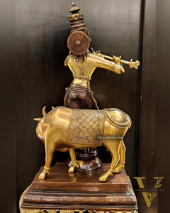 Superfine Krishna with Cow Sculpture - Dual Tone Copper Wash, 25.5" Tall, 26kg