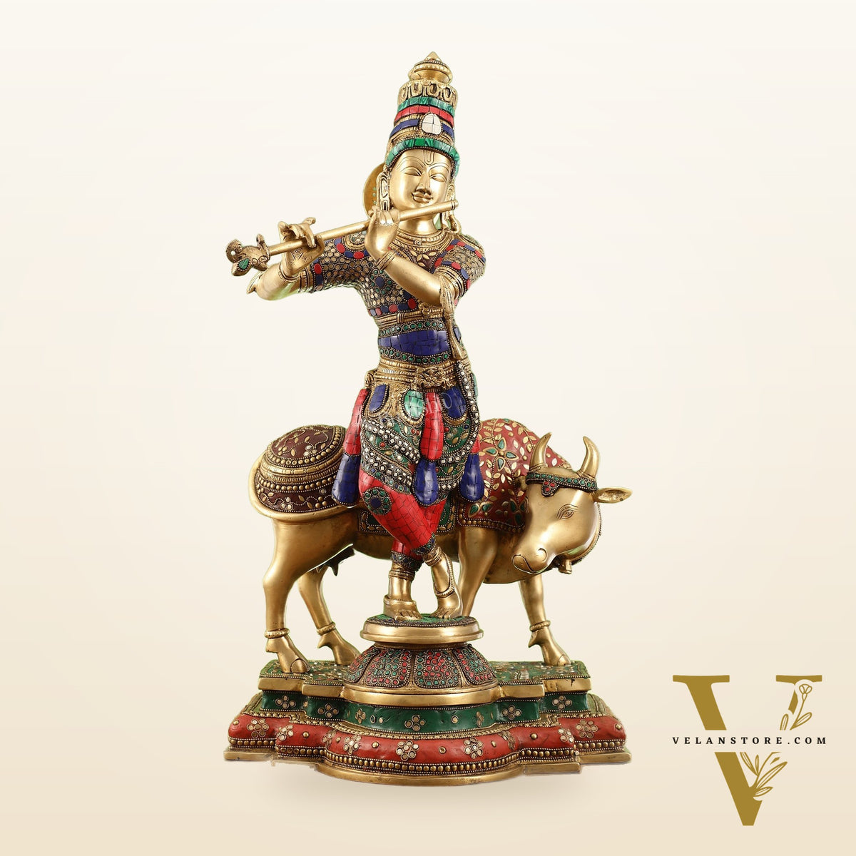 Superfine Krishna with Cow Sculpture - Meenakari Stonework, 26" Tall, 28kg