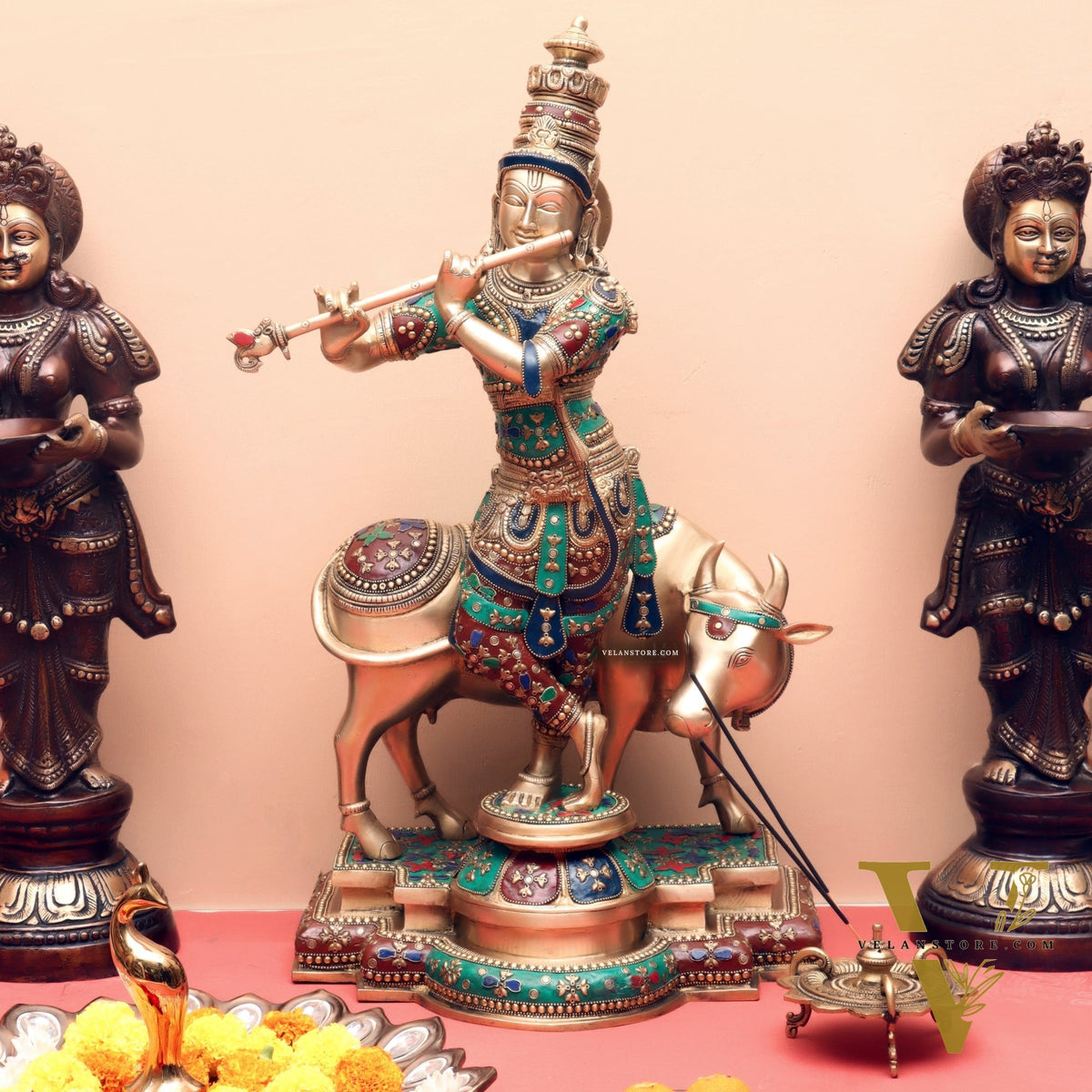 Superfine Krishna with Cow Sculpture - Meenakari Stonework, 26" Tall, 27kg