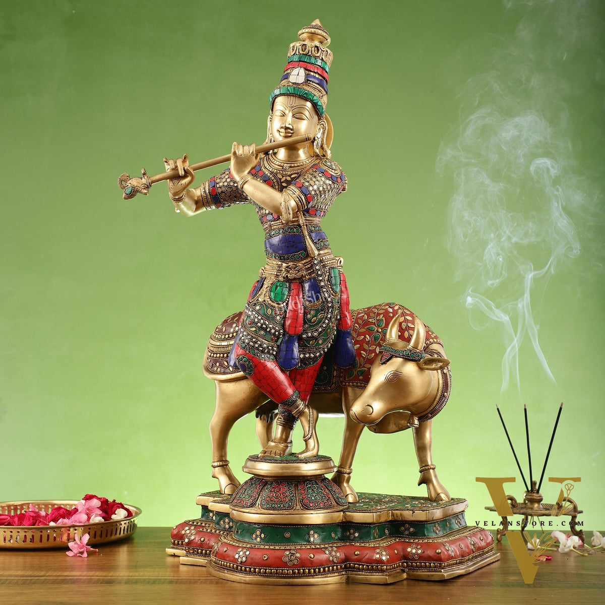 Superfine Krishna with Cow Sculpture - Meenakari Stonework, 26" Tall, 28kg
