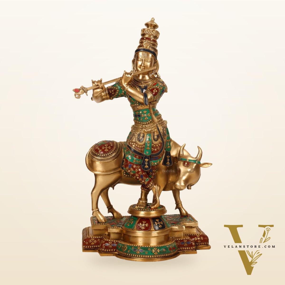 Superfine Krishna with Cow Sculpture - Meenakari Stonework, 26" Tall, 27kg