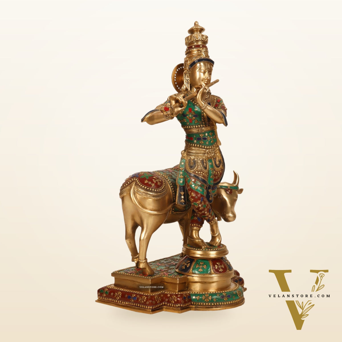 Superfine Krishna with Cow Sculpture - Meenakari Stonework, 26" Tall, 27kg