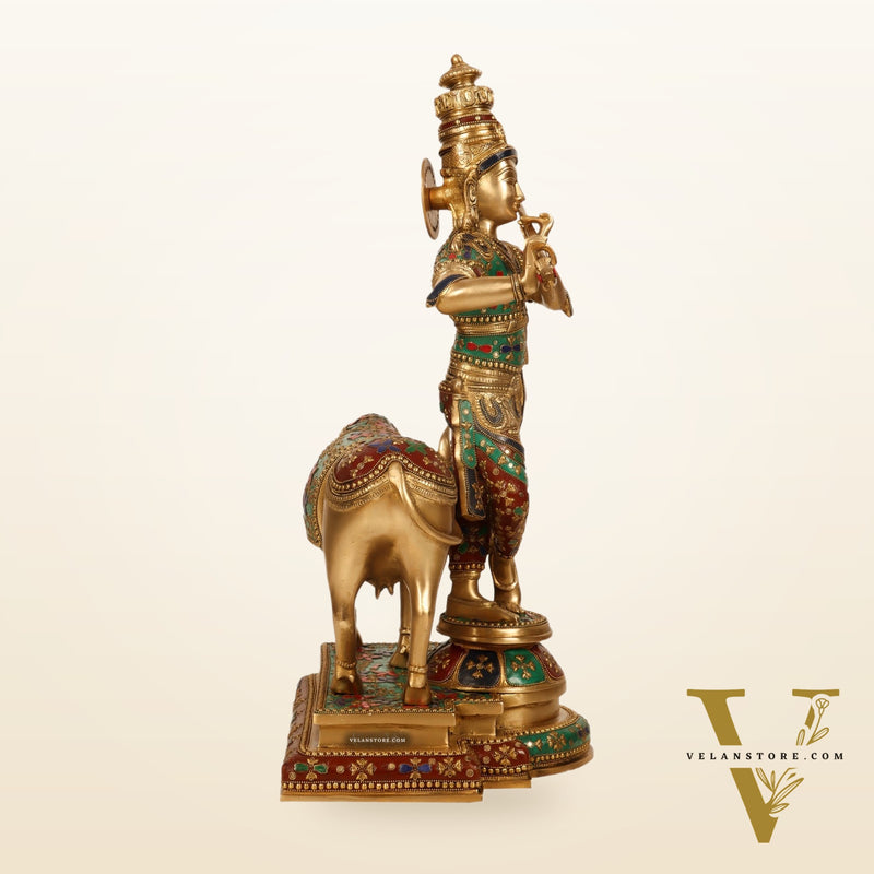 Superfine Krishna with Cow Sculpture - Meenakari Stonework, 26" Tall, 27kg