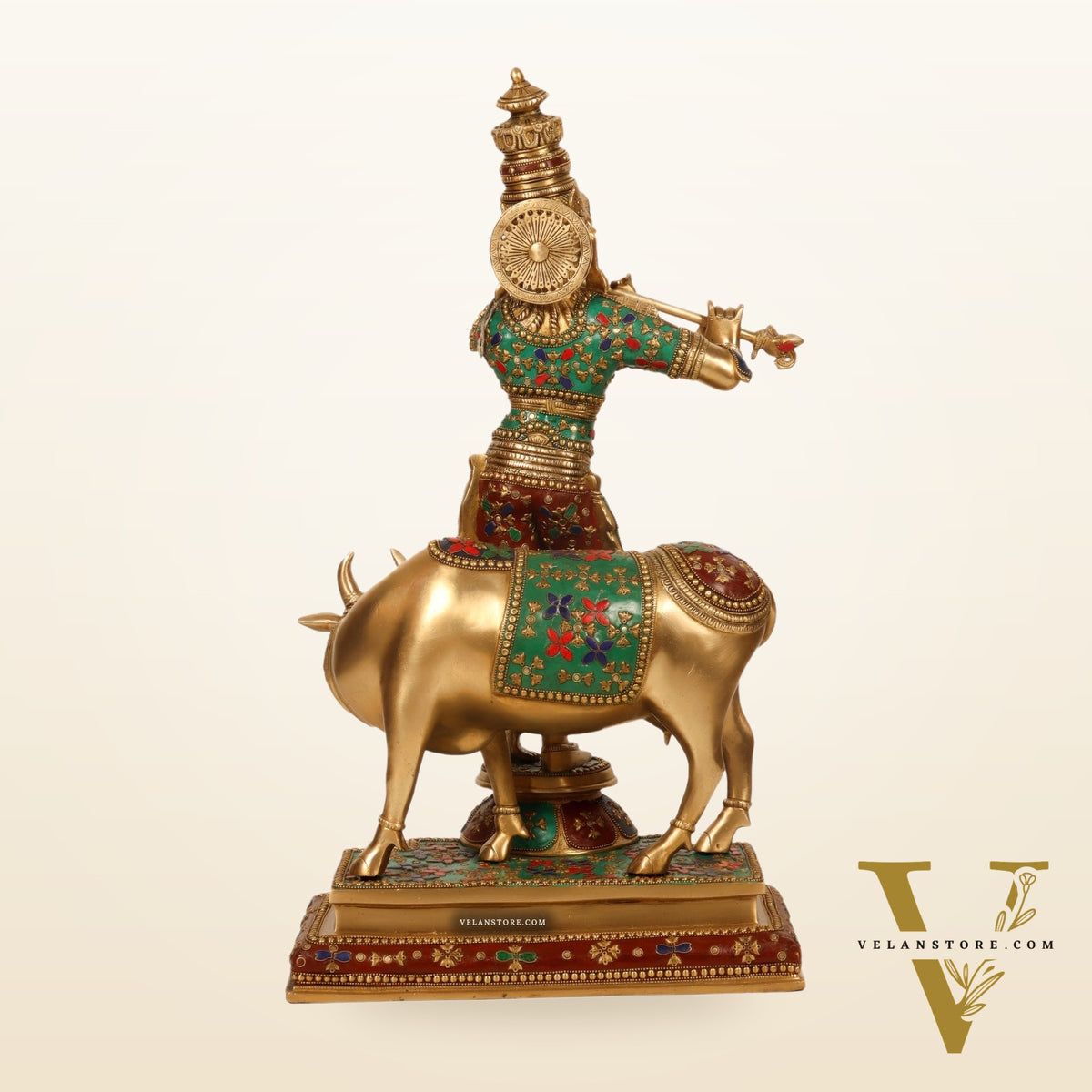 Superfine Krishna with Cow Sculpture - Meenakari Stonework, 26" Tall, 27kg