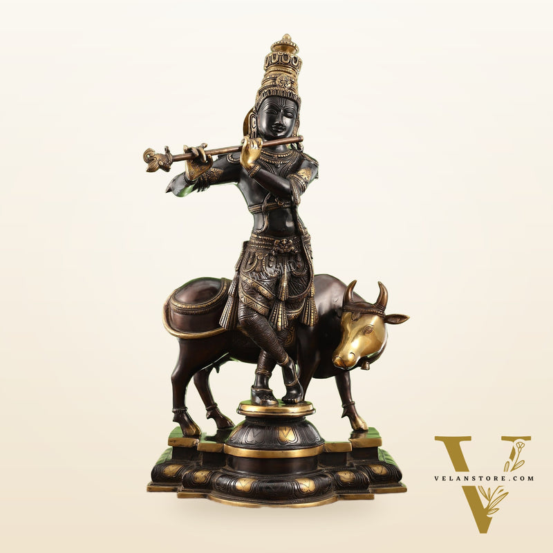 Superfine Krishna with Cow Statue - Handcrafted Brass, 26" Tall, 27kg