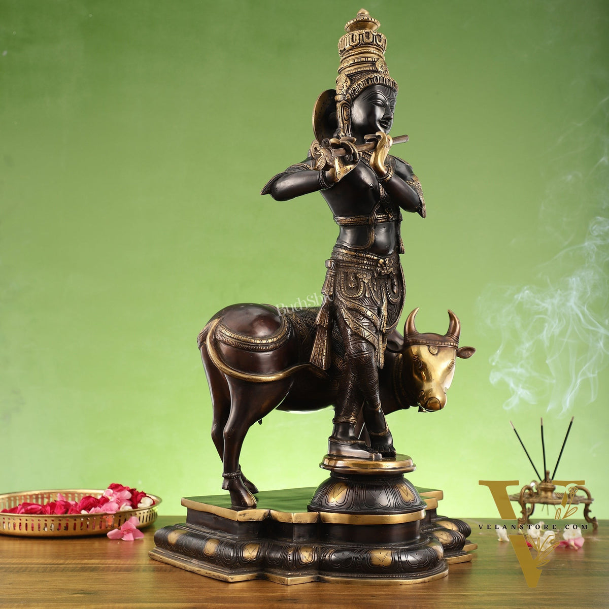 Superfine Krishna with Cow Statue - Handcrafted Brass, 26" Tall, 27kg
