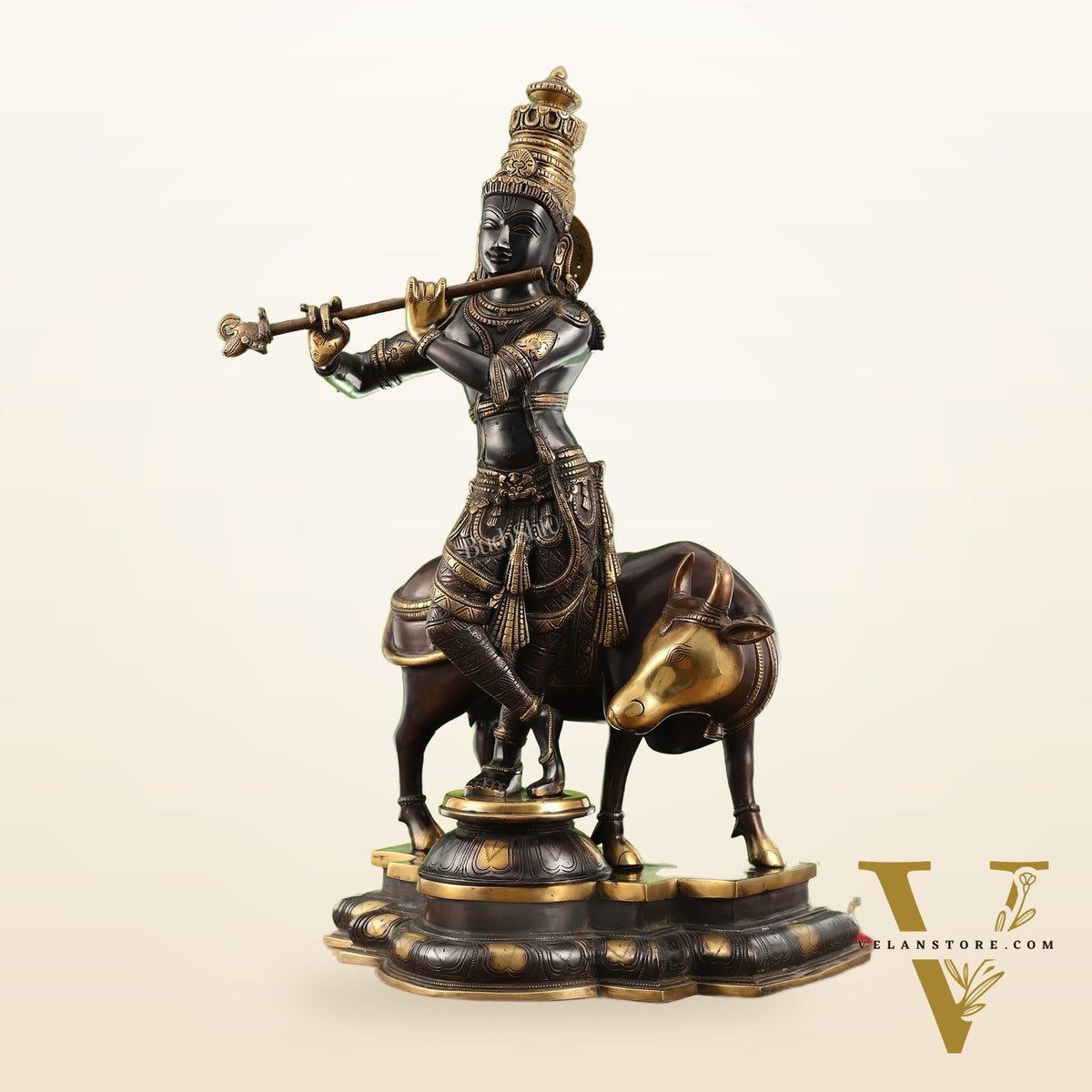 Superfine Krishna with Cow Statue - Handcrafted Brass, 26" Tall, 27kg