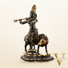 Superfine Krishna with Cow Statue - Handcrafted Brass, 26" Tall, 27kg